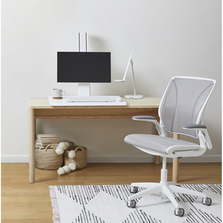 Pinstripe White Mesh Swivel Task Chair with Adjustable Arms