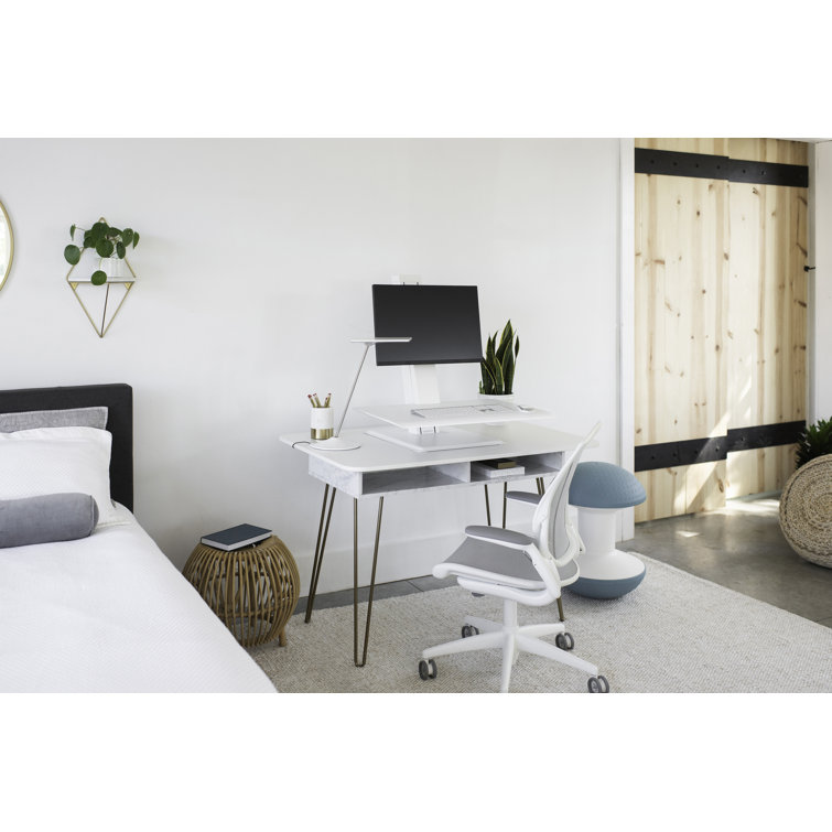 Pinstripe White Mesh Swivel Task Chair with Adjustable Arms