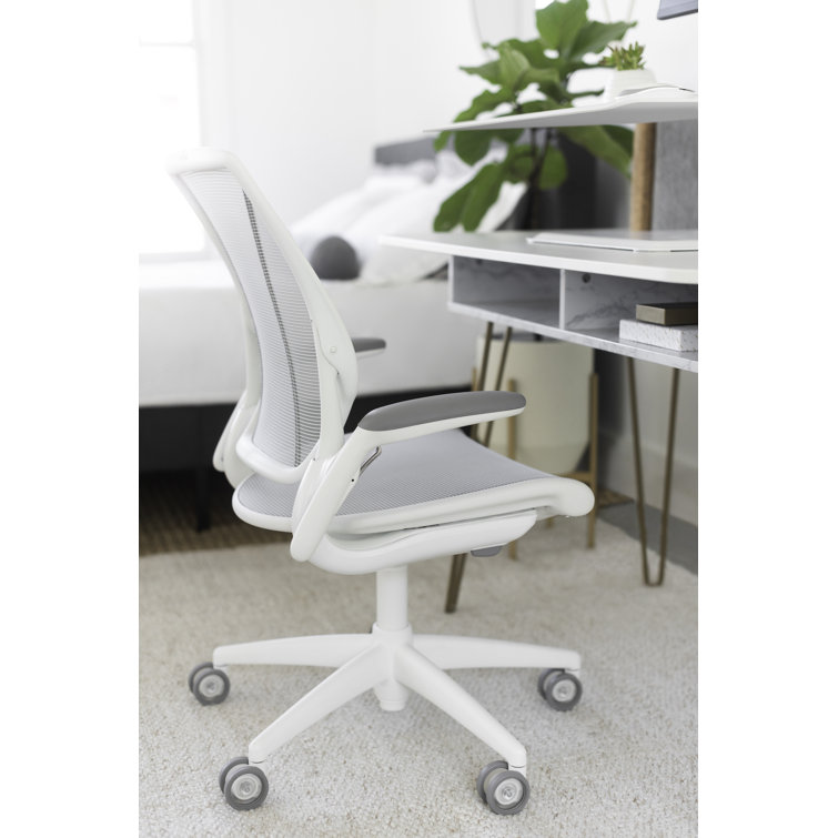 Pinstripe White Mesh Swivel Task Chair with Adjustable Arms