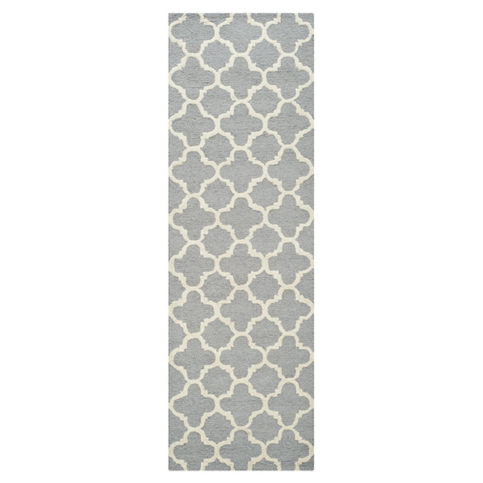 Hand-Tufted Silver and Ivory Wool Geometric Rug, 6' Square