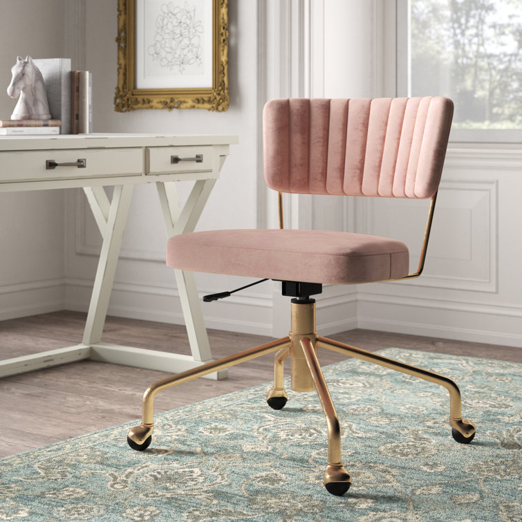 Contemporary Pink Velvet Swivel Task Chair with Gold Metal Base