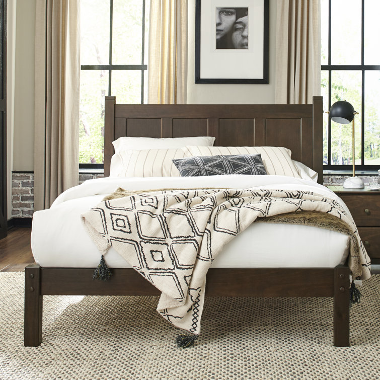Espresso Full Size Pine Wood Panel Bed with Headboard and Drawer