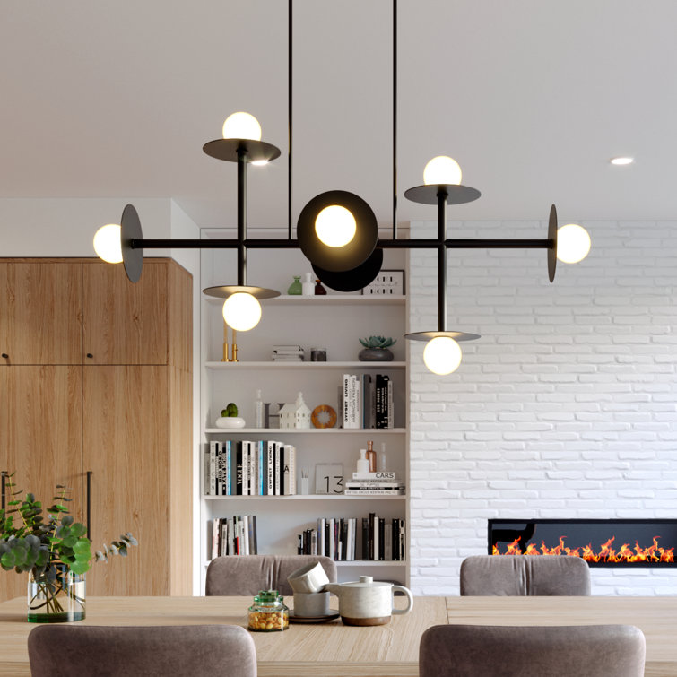 Elegant Burnished Brass 8-Light Linear Chandelier with Milk White Globes