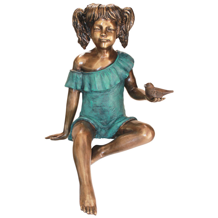 Bridgette Bronze Little Girl Garden Statue with Bird