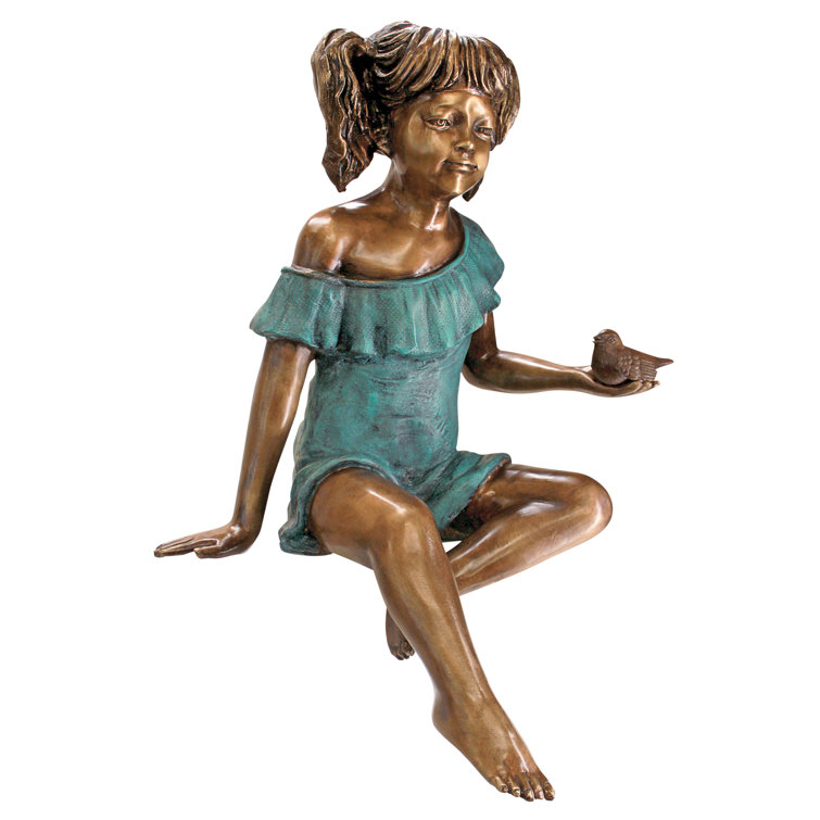 Bridgette Bronze Little Girl Garden Statue with Bird