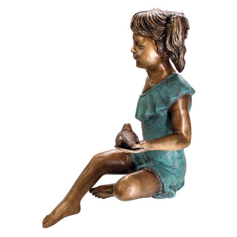 Bridgette Bronze Little Girl Garden Statue with Bird