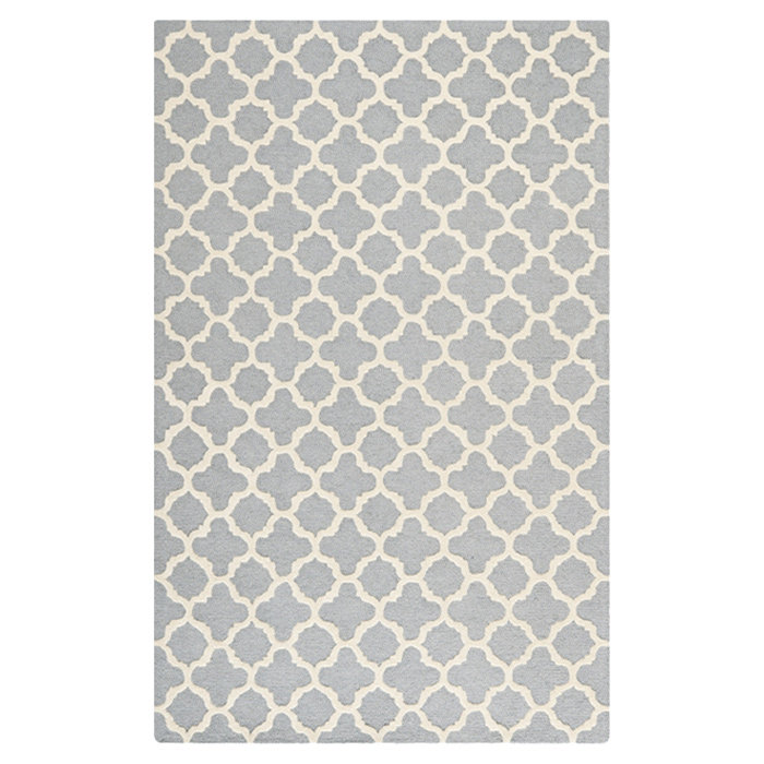 Hand-Tufted Silver and Ivory Wool Geometric Rug, 6' Square