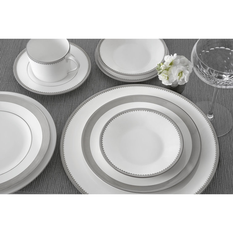 Elegant Porcelain 5-Piece Dining Set in Glossy White with Platinum Trim