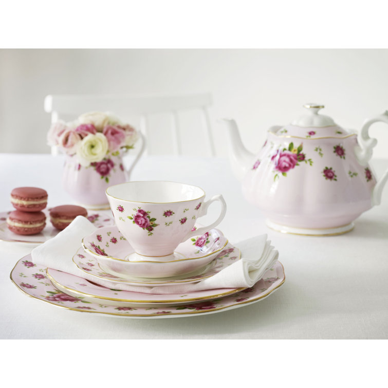 Pink Bone China Tea Set with Gold Trim, Set of Three