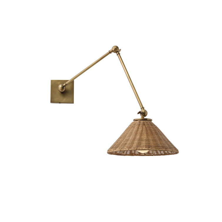 Antique Brass Dimmable Swing Arm Sconce with Woven Rattan Shade