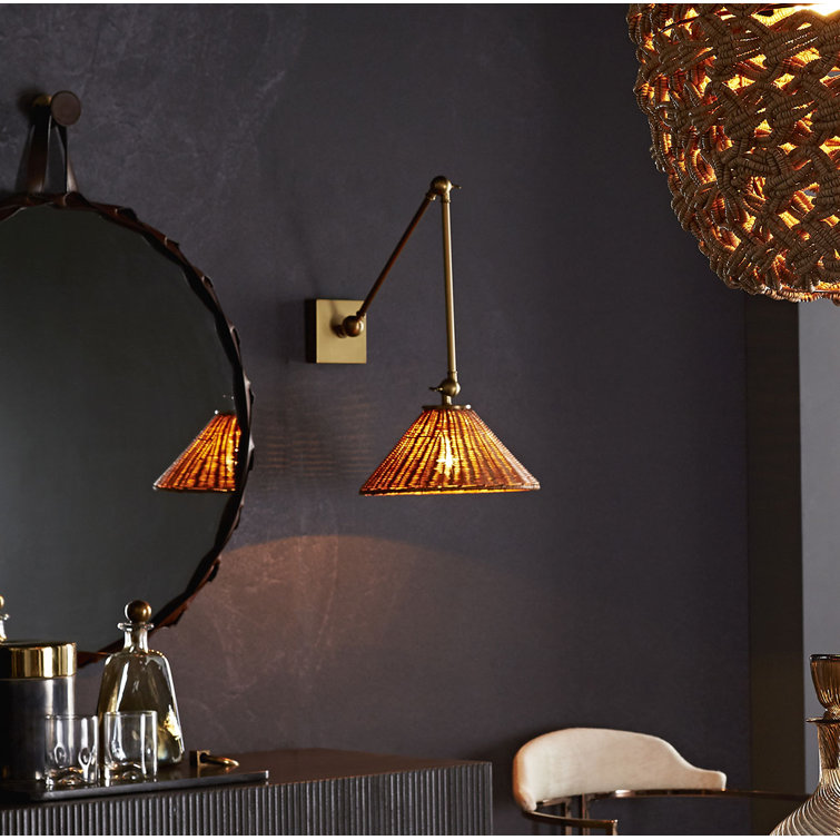 Antique Brass Dimmable Swing Arm Sconce with Woven Rattan Shade
