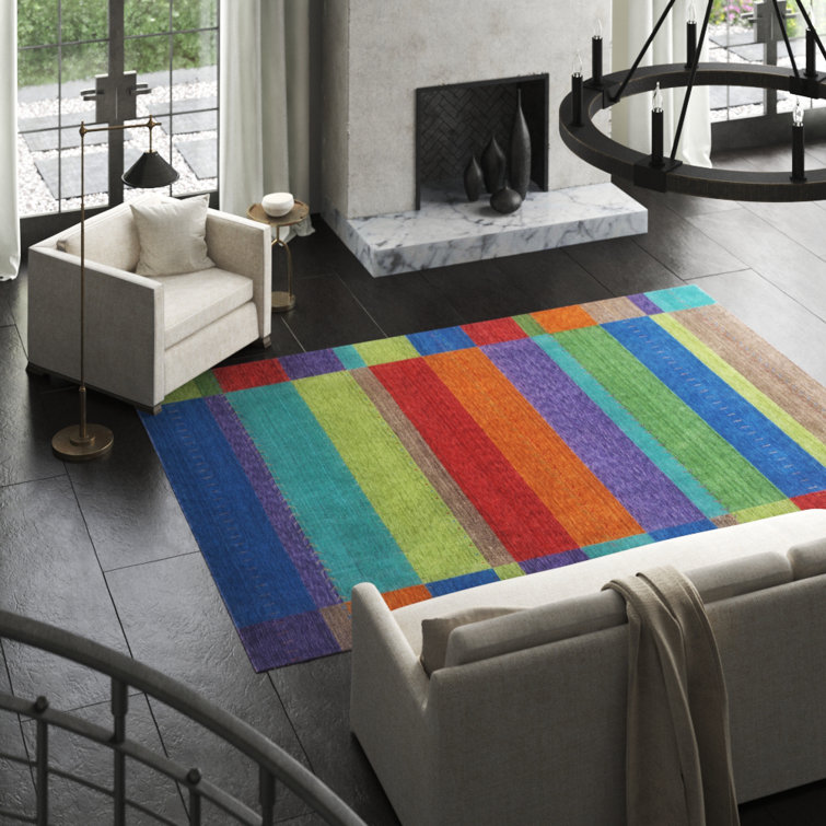 Hand-Woven Multicolor Geometric Wool and Viscose Area Rug