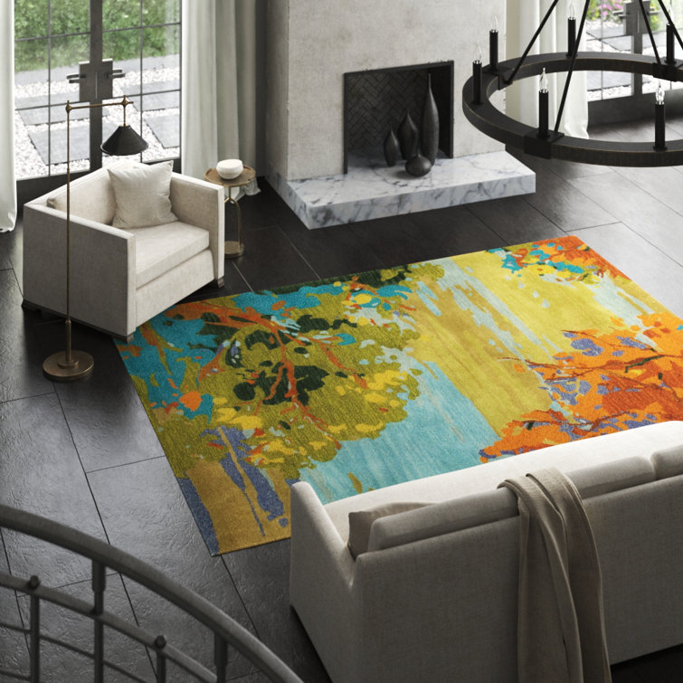 Handmade Blue and Green Wool Landscape Area Rug 5' x 8'