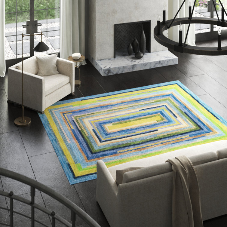 Sky Blue and Green Handmade Wool Tufted Area Rug 8' x 10'
