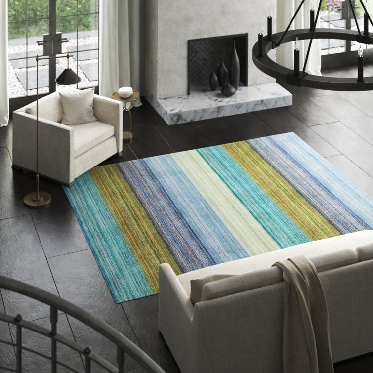 Handmade Brushstroke Blue Stripe Wool Area Rug 5' x 8'
