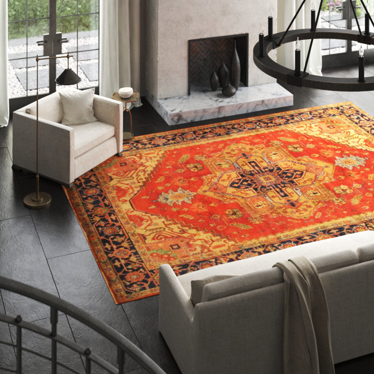 Serapi Hand-Knotted Wool Oriental Square Area Rug in Red, Navy, and Cream