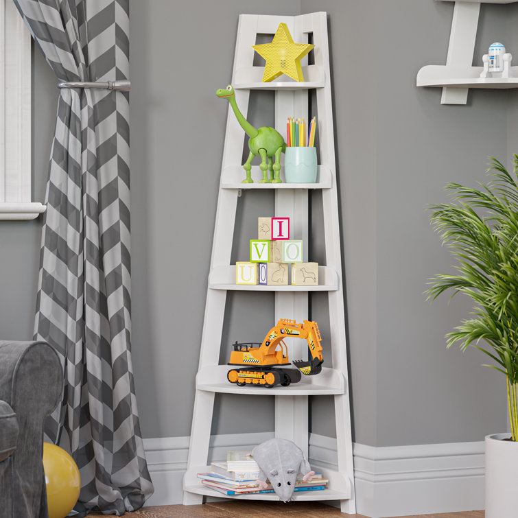 White Wood Kids Corner Ladder Shelf with Adjustable Tiers