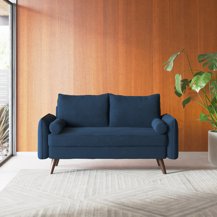 Beige Tufted Fabric Loveseat with Solid Wood Legs and Pillow Back