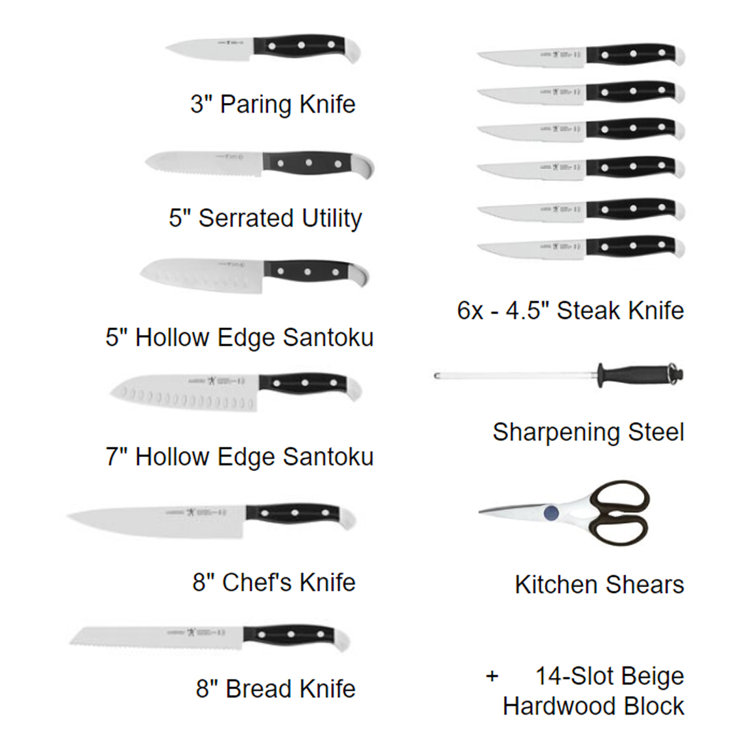 HENCKELS Statement 15-Piece Kitchen Knife Set with Block, Chef Knife, Steak Knife set, Kitchen Knife Sharpener, Light Brown, Stainless Steel