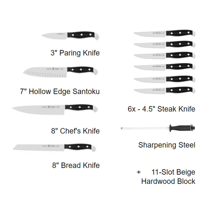 HENCKELS Statement 12-Piece Kitchen Knife Set with Block, Chefs Knife, Steak Knife, Bread Knife, Steak Knives, Kitchen Knife Sharpener, Light Brown