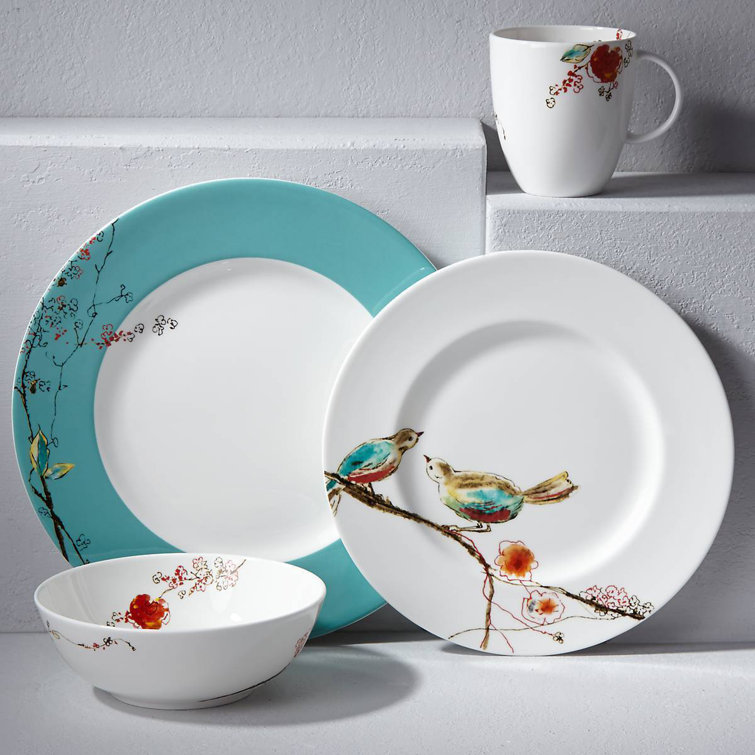 Chirp 4 Piece Bone China Place Setting with Teal Accents