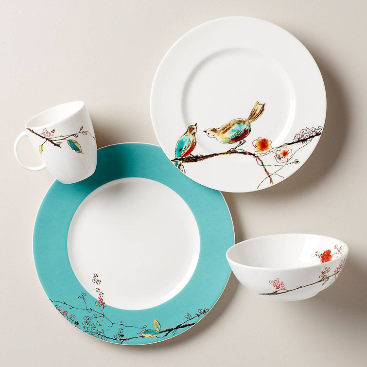 Chirp 4 Piece Bone China Place Setting with Teal Accents