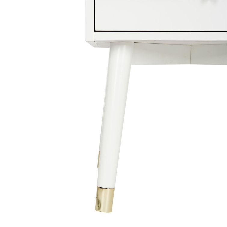 White Mid-Century Modern 2-Drawer Nightstand with Gold Accents