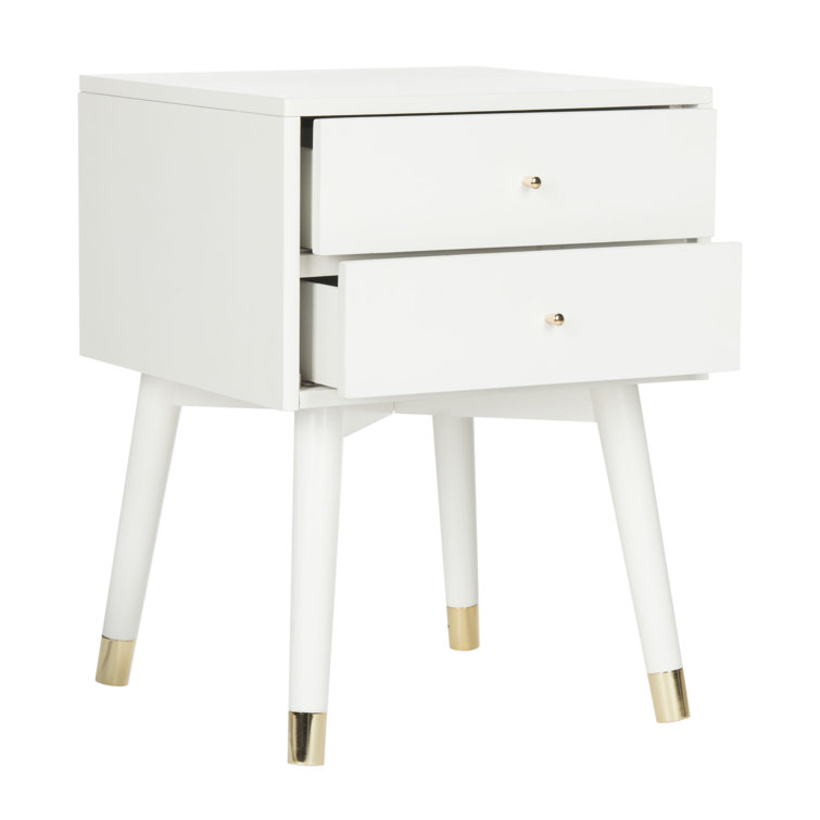 White Mid-Century Modern 2-Drawer Nightstand with Gold Accents