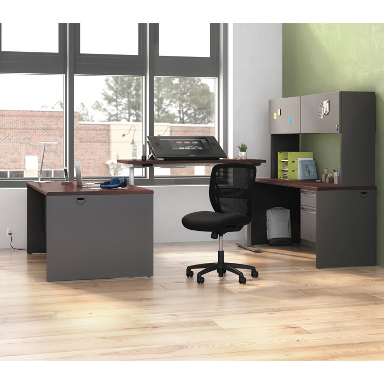 Executive Charcoal Mahogany Metal Desk with Filing Cabinet