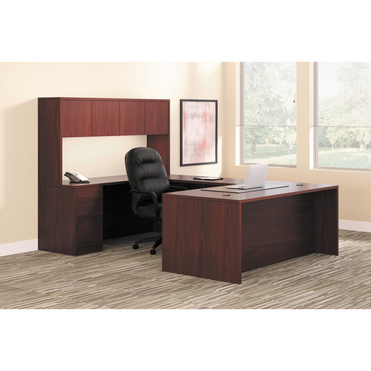 Mahogany Laminate Rectangular Desk with Drawers and Power Outlet