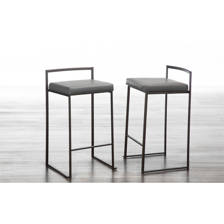 Antique Metal and Grey Faux Leather Stackable Counter Stools, Set of 2