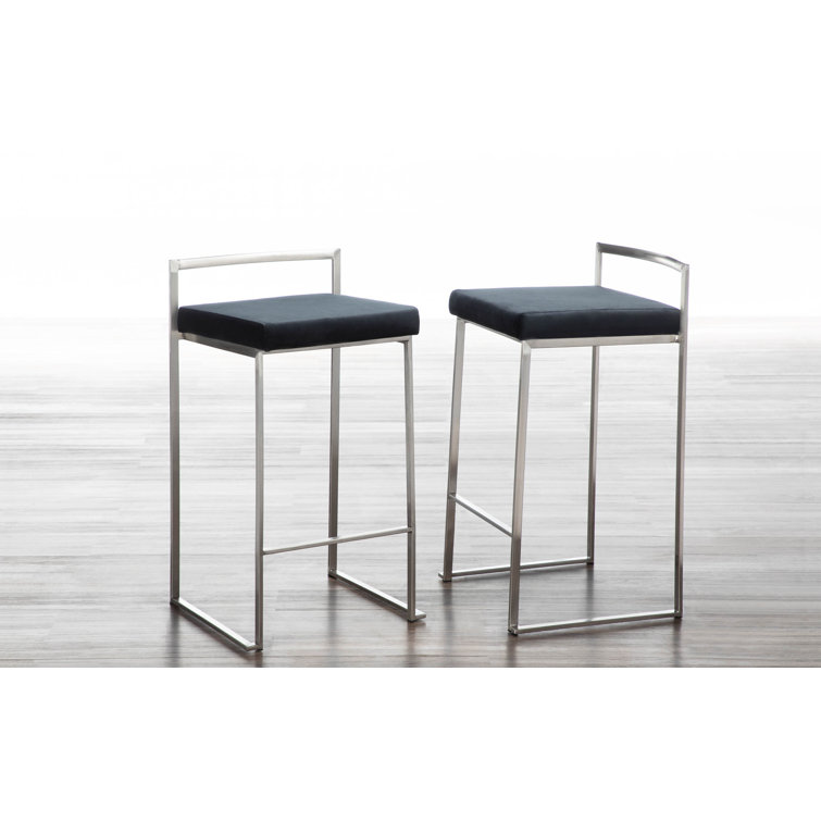 Fuji Brushed Stainless Steel Stackable Counter Stools with Black Velvet Cushion, Set of 2