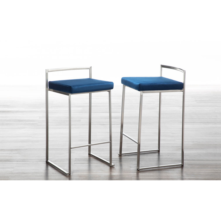 Sleek Stainless Steel Counter Stool with Blue Velvet Cushion - Set of 2