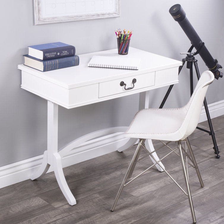 Elegant White Acacia and Pine Writing Desk with Antique Brass Drawer