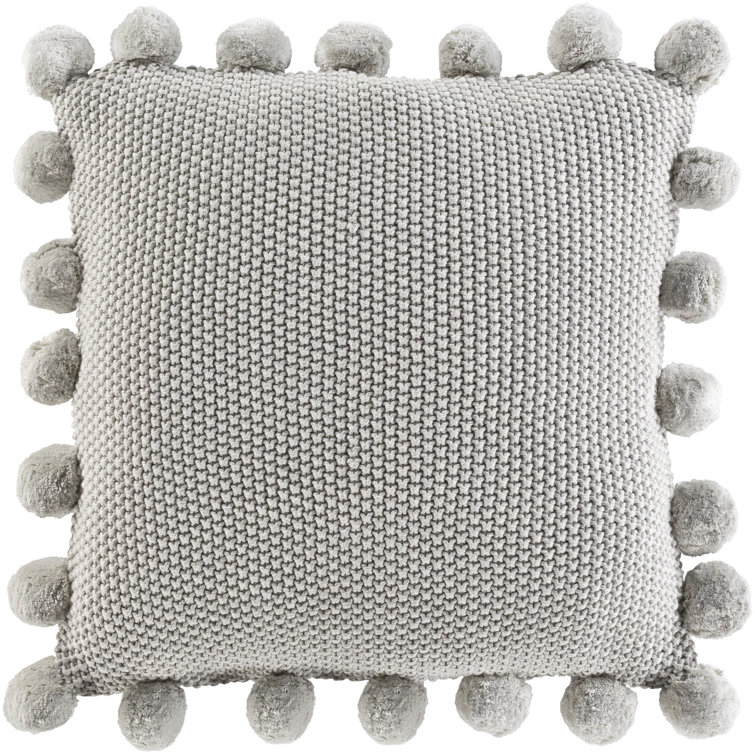 Light Gray Cotton Knitted Pom Pom Throw Pillow