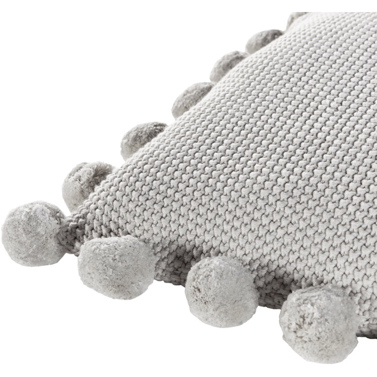 Light Gray Cotton Knitted Pom Pom Throw Pillow