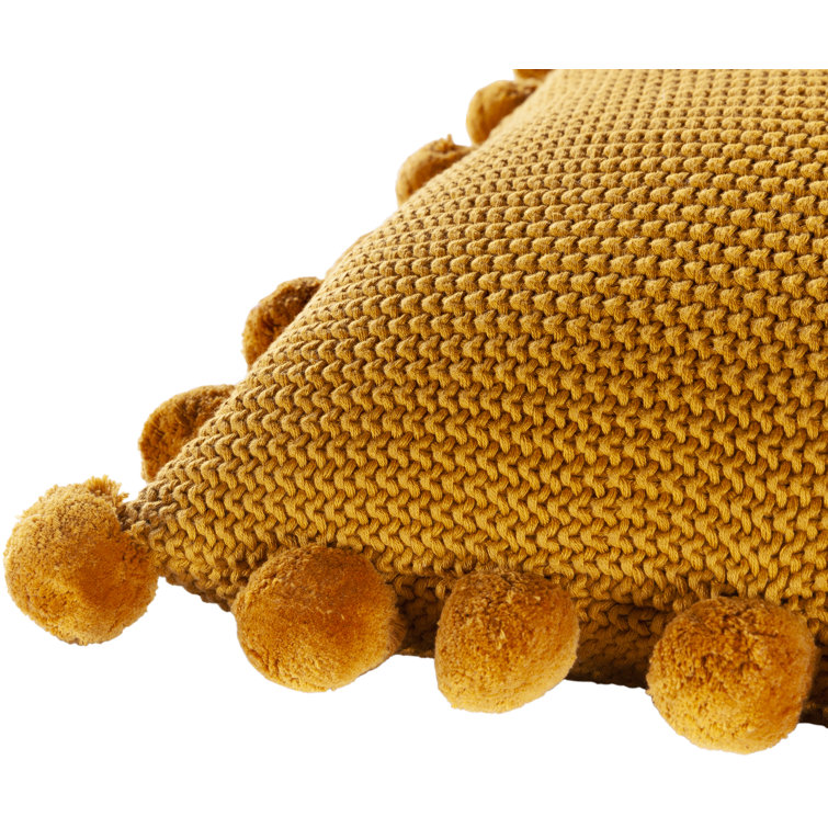 Mustard Cotton Square Kids Pillow Cover with Pom Poms