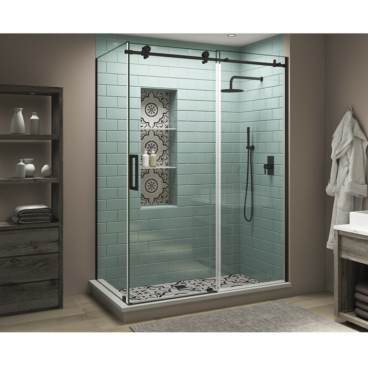 Coraline XL Matte Black Frameless Sliding Shower Enclosure with Clear Glass