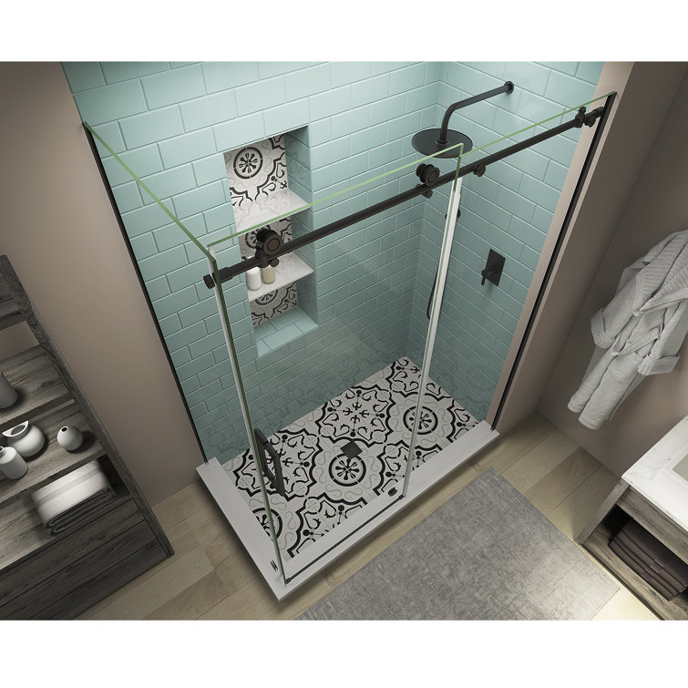 Coraline XL Matte Black Frameless Sliding Shower Enclosure with Clear Glass