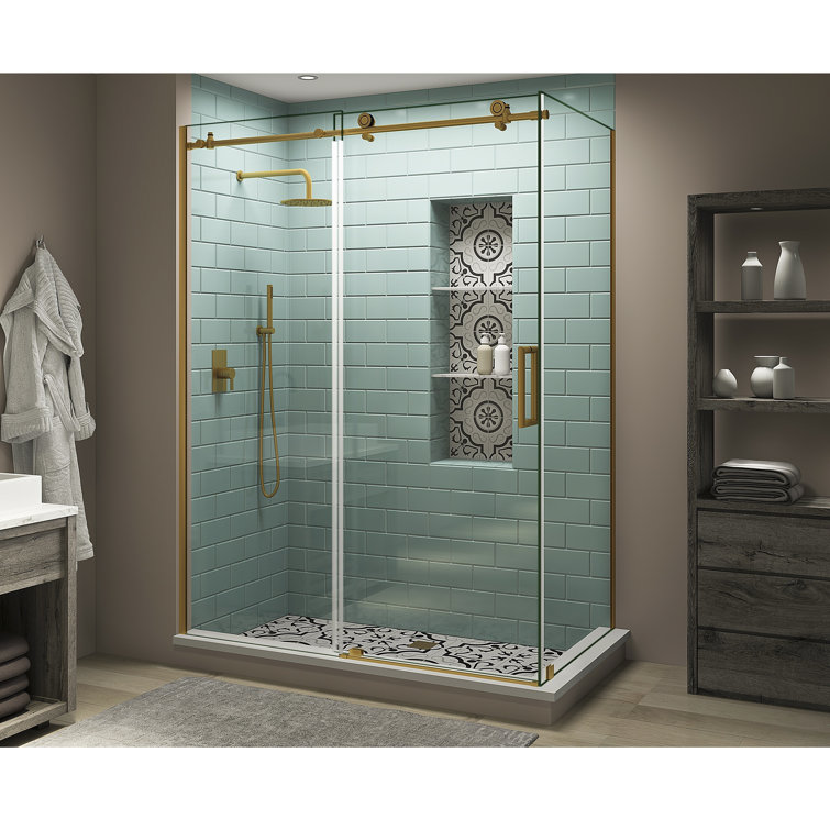Coraline XL Frameless Clear Glass Sliding Shower Enclosure with Brushed Gold Finish