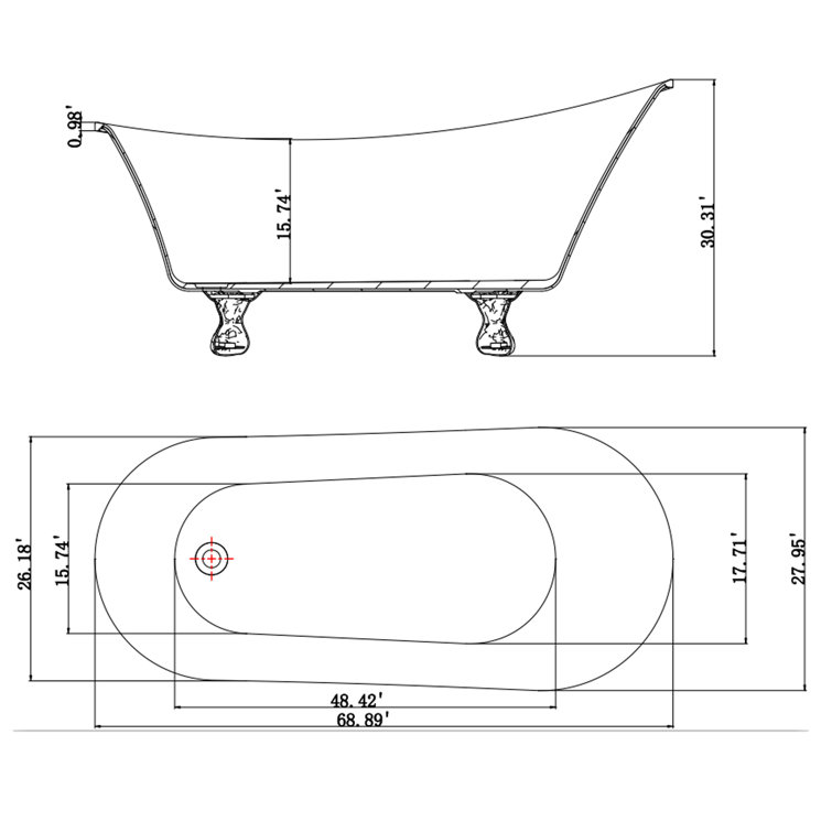 69" Black Acrylic Clawfoot Soaking Bathtub with Silver Feet