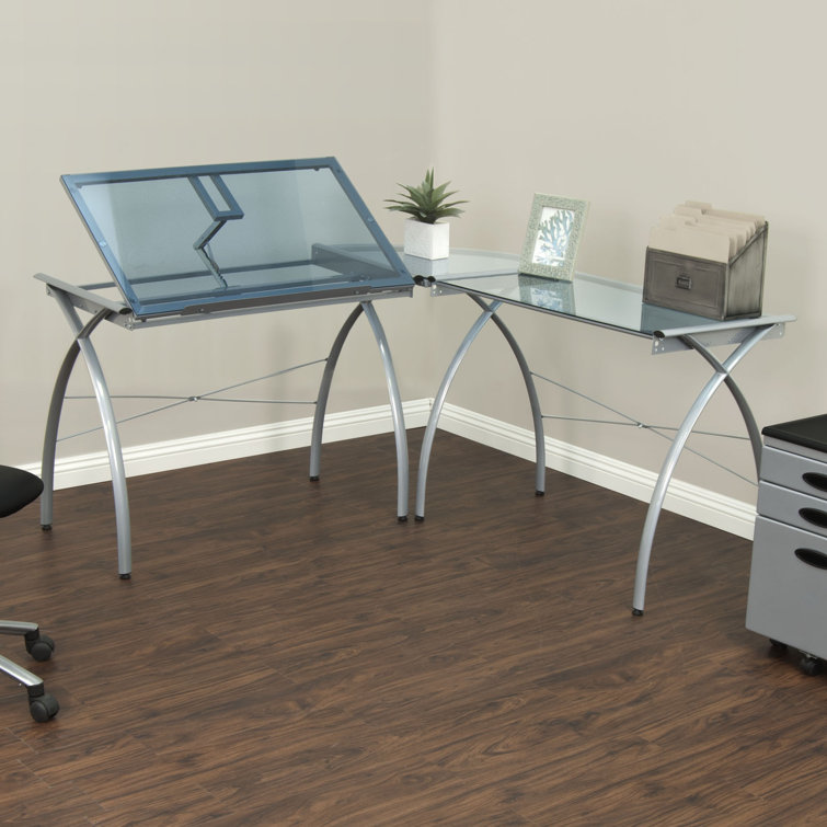 Futura L-Shaped Silver and Blue Glass Drafting Desk