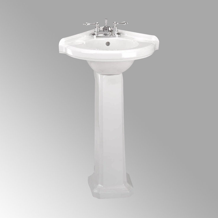 White Ceramic Corner Pedestal Bathroom Sink with Overflow