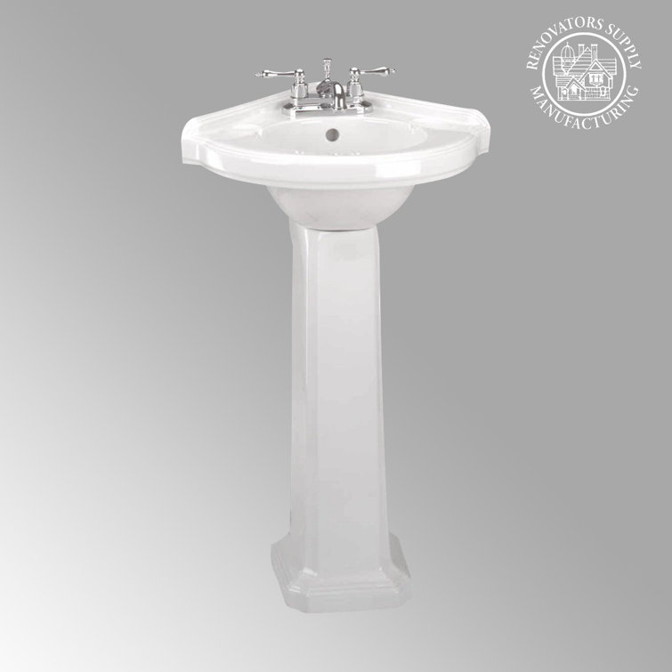 White Ceramic Corner Pedestal Bathroom Sink with Overflow
