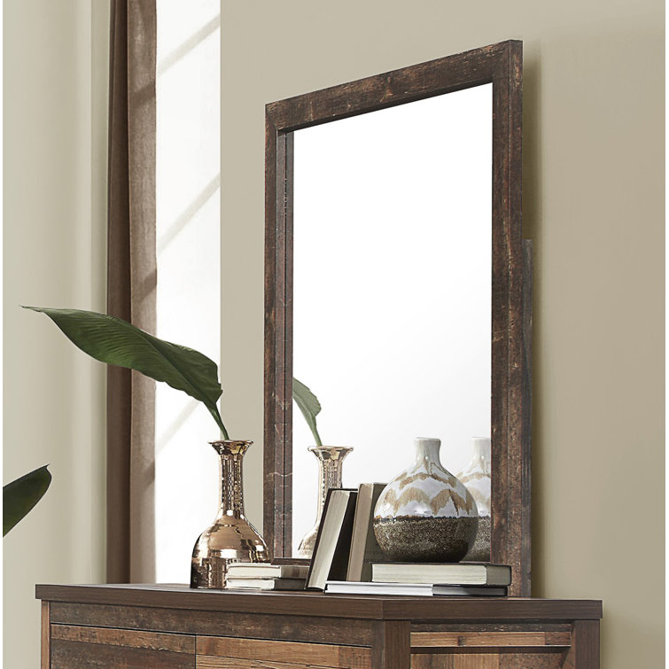 Vintage Oak and Brown Oak Square Wood Dresser Mirror
