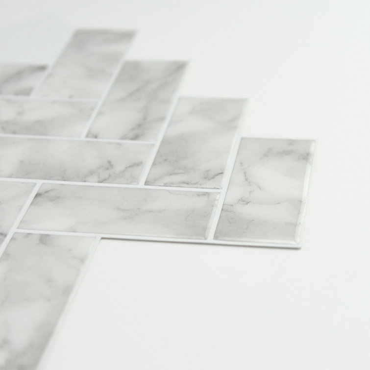 White and Off-White Herringbone Peel and Stick Marble Backsplash Tiles