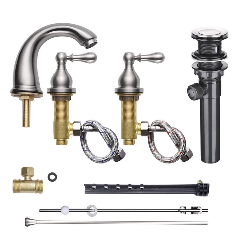 Brushed Nickel 3-Hole 2-Handle Bathroom Faucet with Drain Assembly