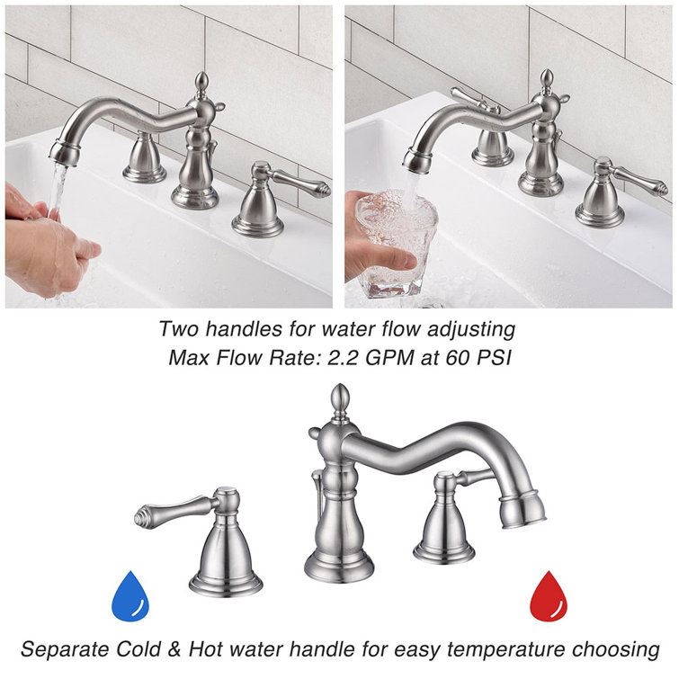 Brushed Nickel 3-Hole Widespread Bathroom Faucet with Drain Assembly