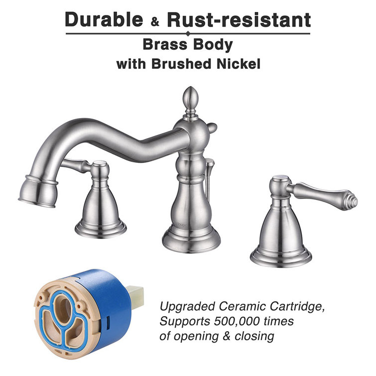 Brushed Nickel 3-Hole Widespread Bathroom Faucet with Drain Assembly