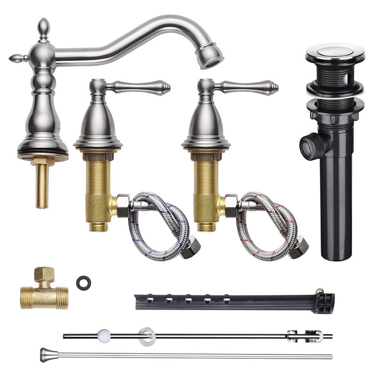 Brushed Nickel 3-Hole Widespread Bathroom Faucet with Drain Assembly